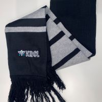 the KRCL logo on a gray and black striped scarf